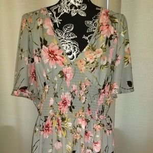 Xhilaration Floral Print V-Neck XL Smocked Scrunch Waist Midi Dress.